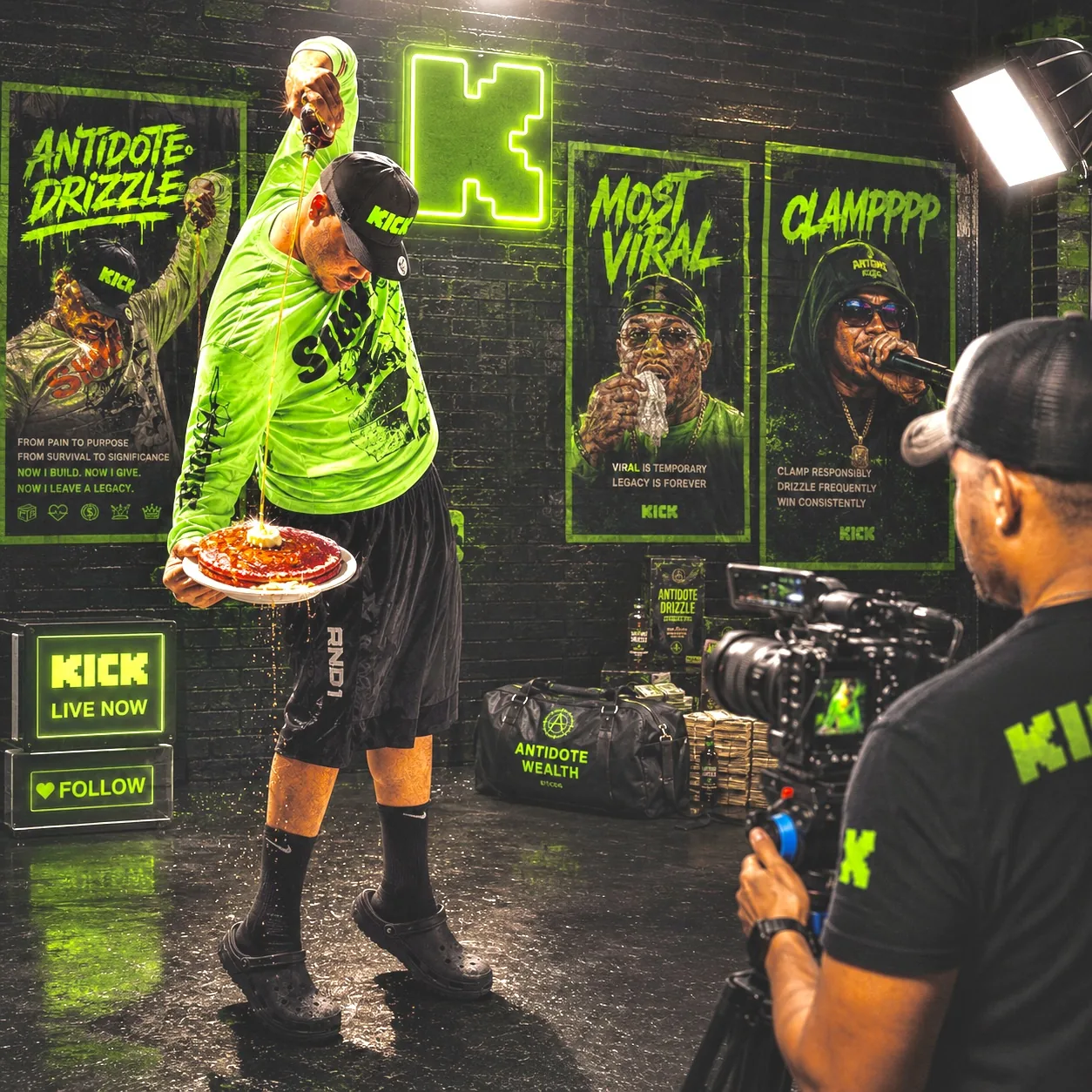 Antidote pouring the Drizzle on set under Kick-green lights, camera rolling
